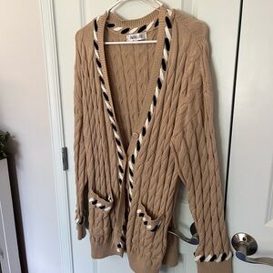 Amazing Lace Camel Cable Knit Cardigan with Black and White Trim